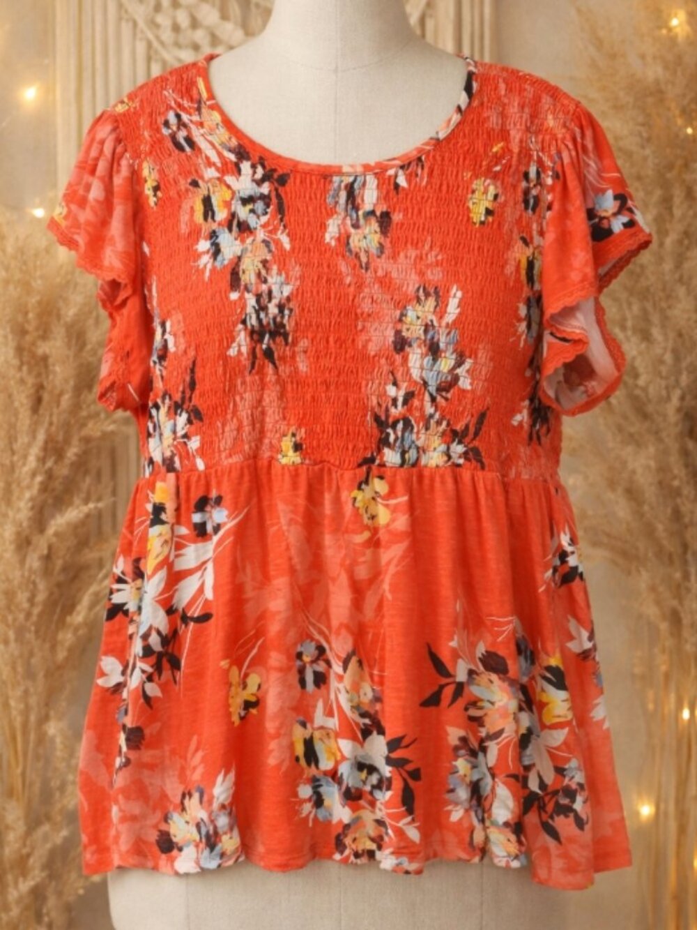 Torrid Coral Red Floral Smocked Top Shirt Plus 3X Boho Feminine Chic Casual